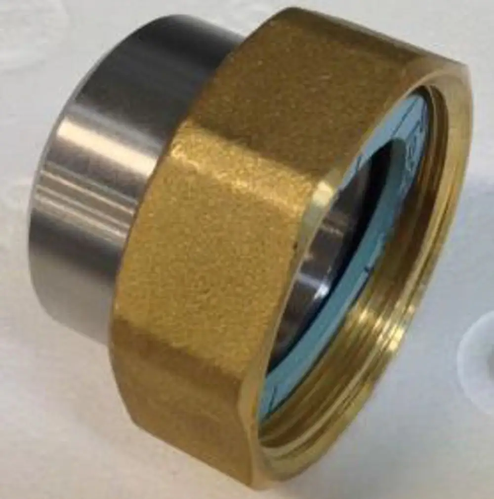 Edelstahlanschweißende mit einer goldenen, gravierten Oberfläche und metallic-lackiertem Ende. Sie gehört zur Produktlinie von Danfoss.